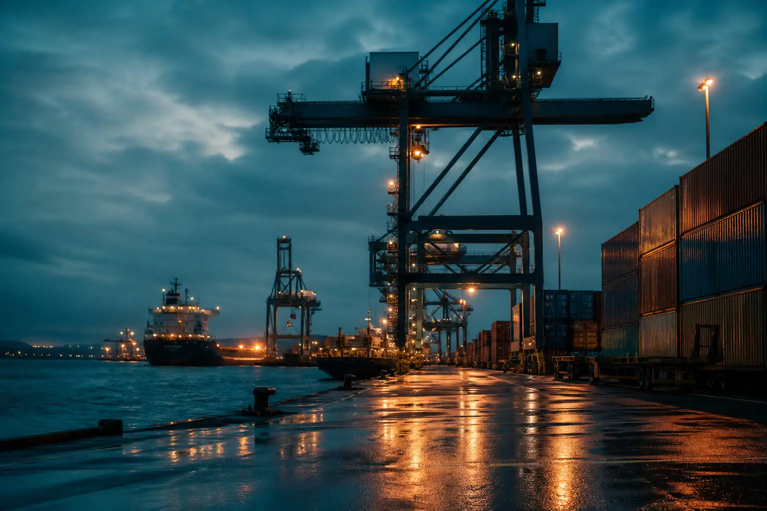 Harbor at dusk, tungsten practicals against a teal sky